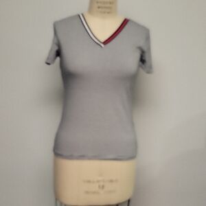 Tommy Hilfiger Striped V-Neck Tee with Red and White Trim, Size XS